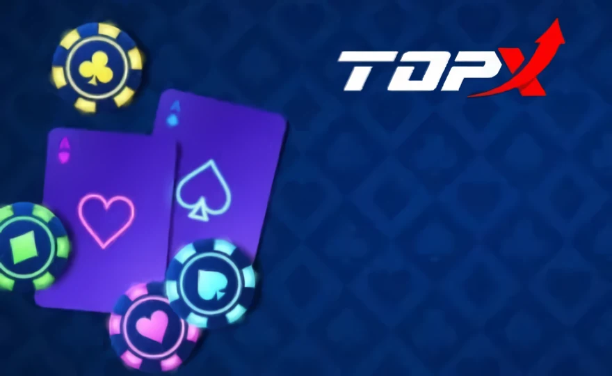 Cartas roxas e fichas coloridas sobre fundo azul com o logotipo da TopX