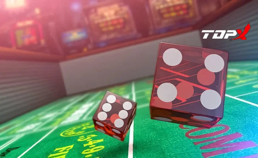 Dados vermelhos sobre mesa de jogo verde com logotipo da TopX