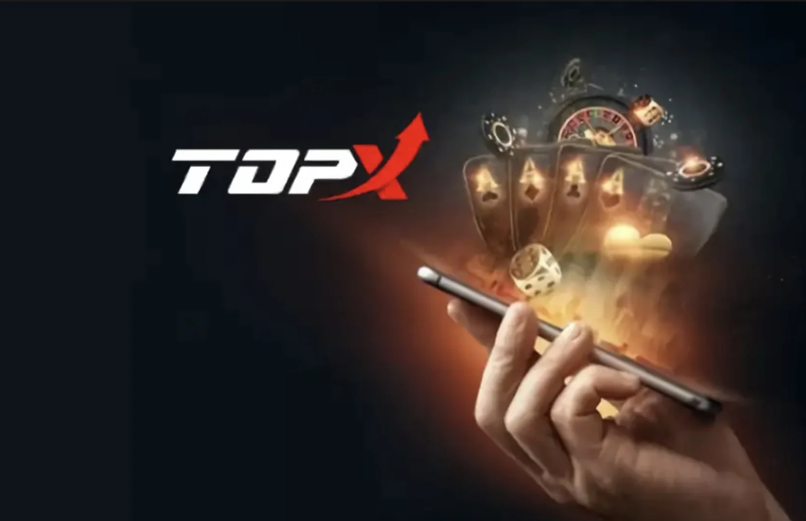 Mão segurando um celular diante de cartas e fichas, com o logotipo da TopX