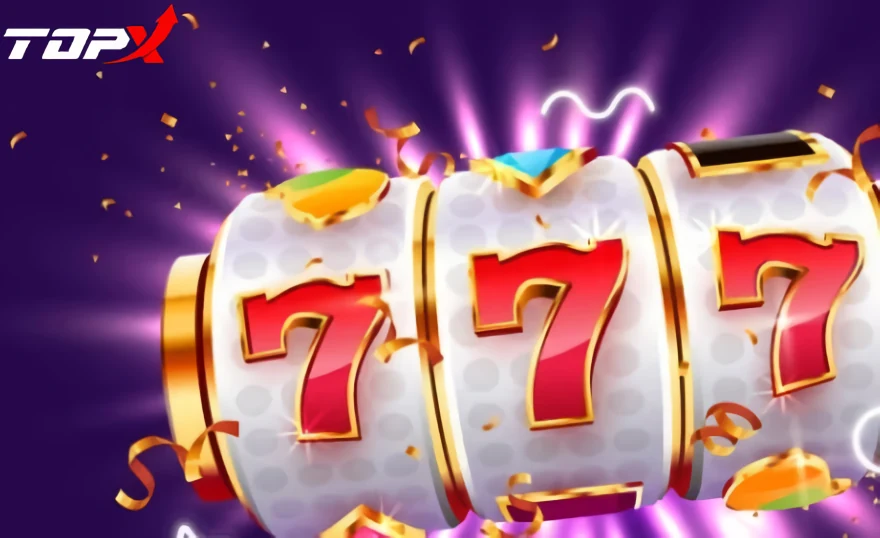 Rolos de caça-níquel com três setes e logotipo da TopX
